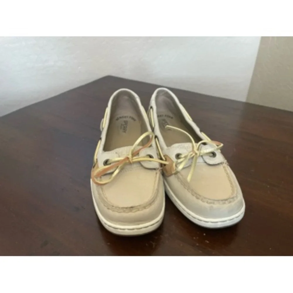Sperry Top-Sider Womens Boat Shoes Beige Brown Leather Memory Foam Bow 6.5 M